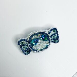 HANDMADE Blue and Silver Beaded Candy Brooch